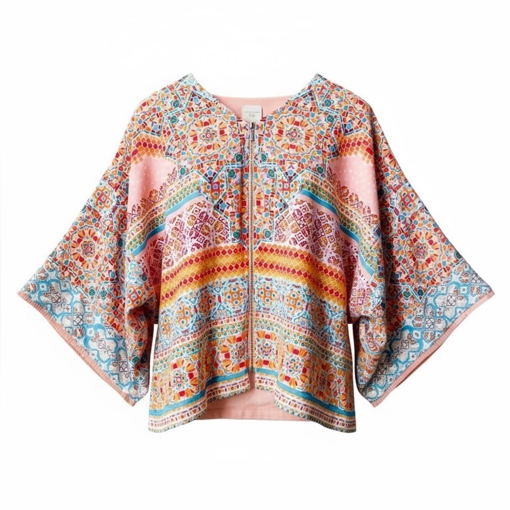 Chico's Tile Print Mosaic Zip Up Blouse Flowy Kimono Jacket Top Women's 0